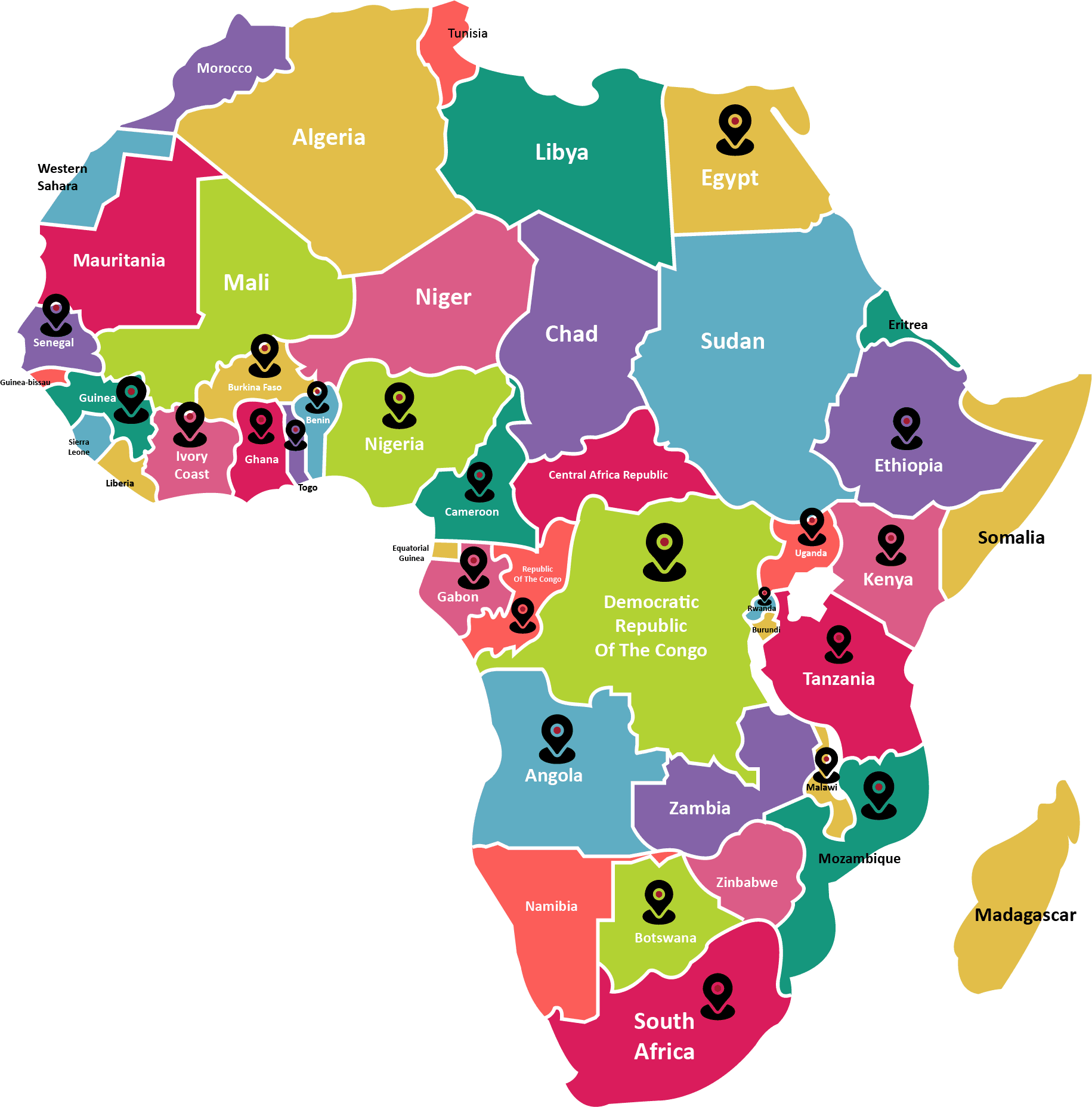 Map showing PES coverage across 25 countries in Sub-Saharan Africa